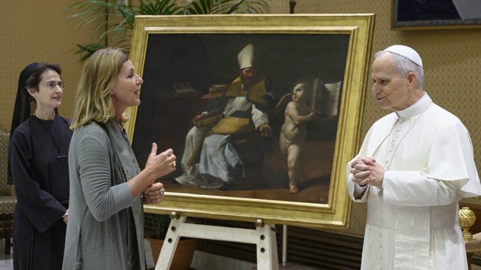 Pintura de Santo Agostinho do século XVIII restaurada e entregue ao Papa por uma delegação dos museus vaticanos.